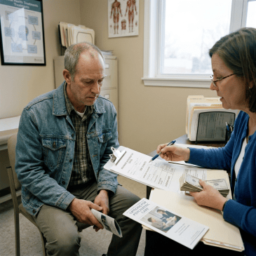 Man sitting with brochure speaking to woman holding medical cost form and cash