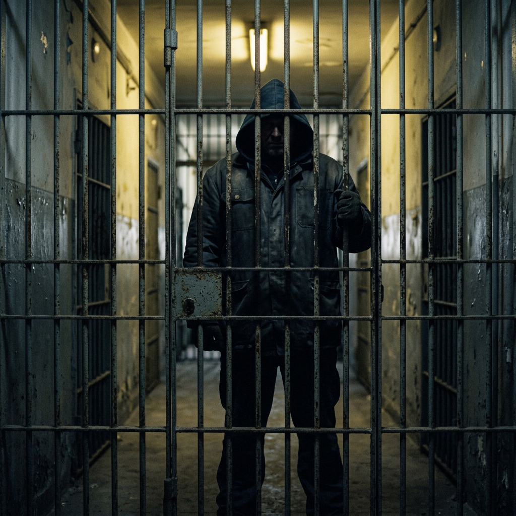 Man wearing hooded jacket standing behind rusty prison bars in a dim corridor