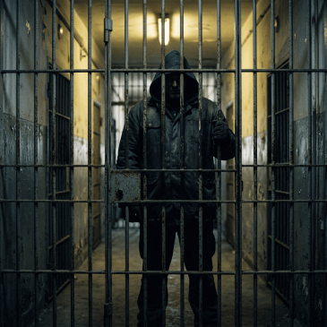 Man wearing hooded jacket standing behind rusty prison bars in a dim corridor