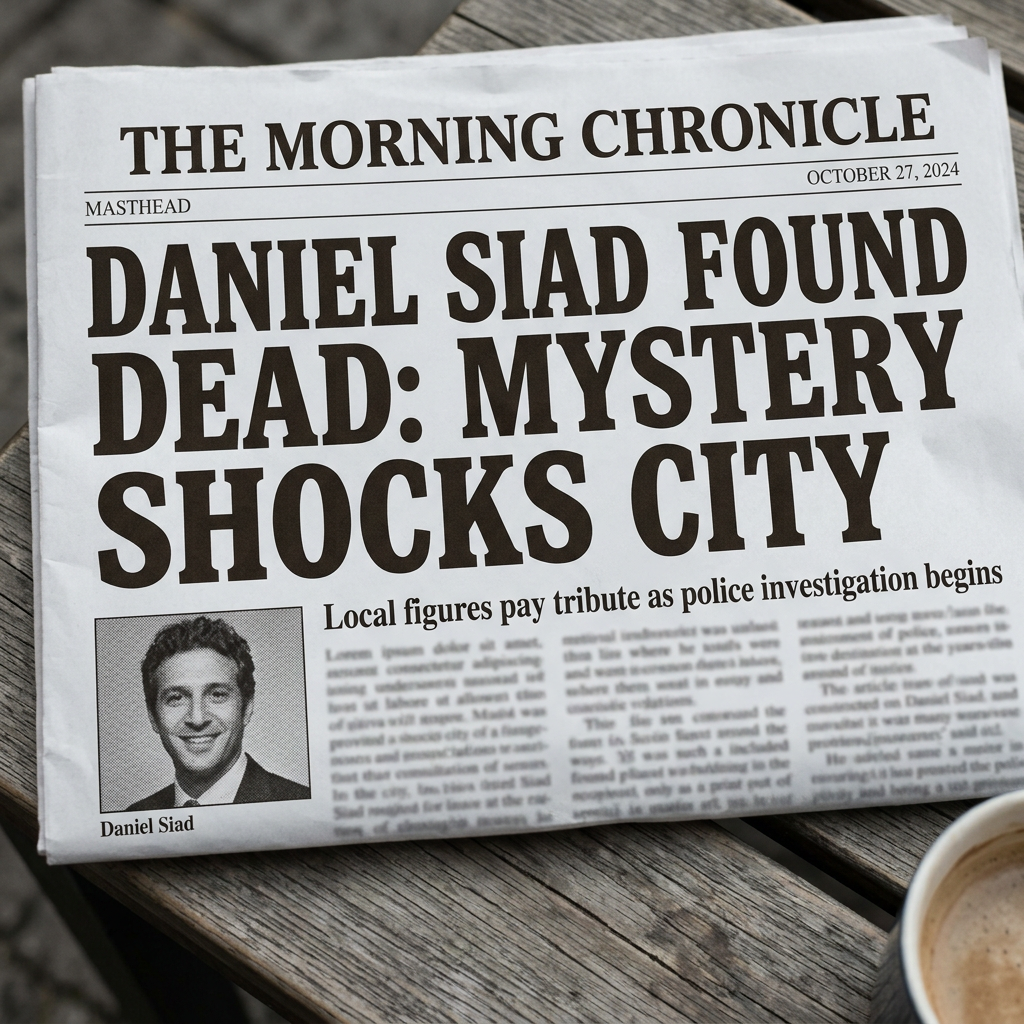Newspaper headline announces Daniel Siad found dead with police investigation