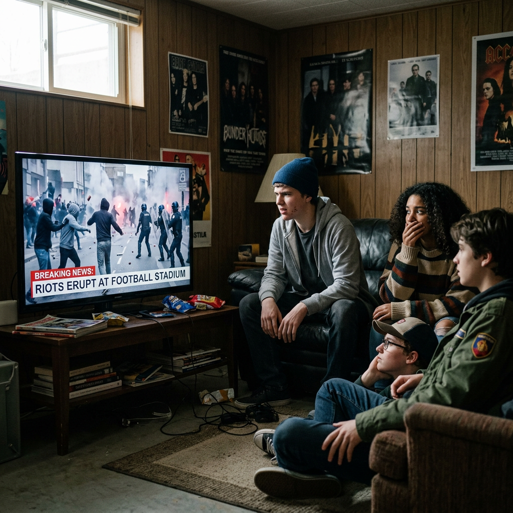 Teenagers watching television news showing riots at a football stadium