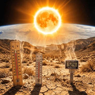 Desert landscape with three thermometers showing extreme heat temperatures above 50°C.