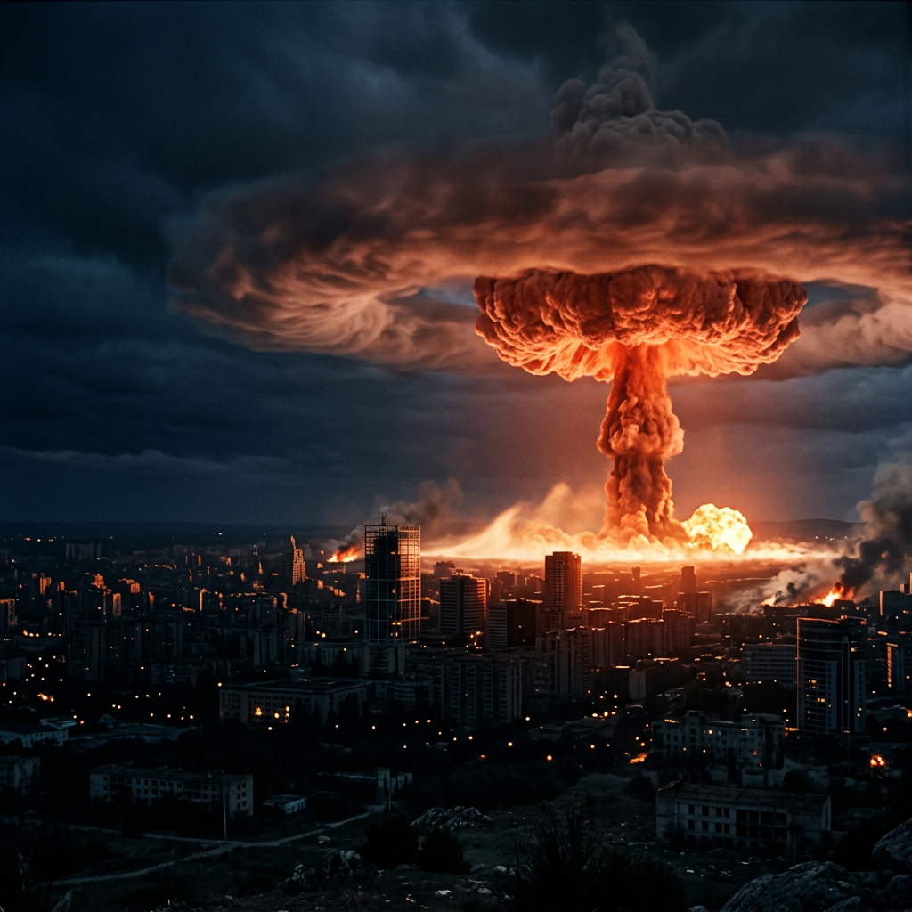 Nuclear mushroom cloud explosion above a city with fires and smoke rising