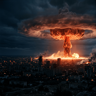 Nuclear mushroom cloud explosion above a city with fires and smoke rising