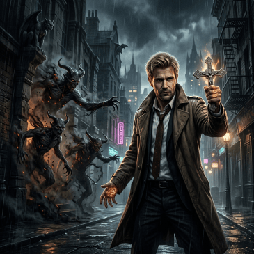 Man holding glowing cross facing three flaming horned demons in rainy urban alley