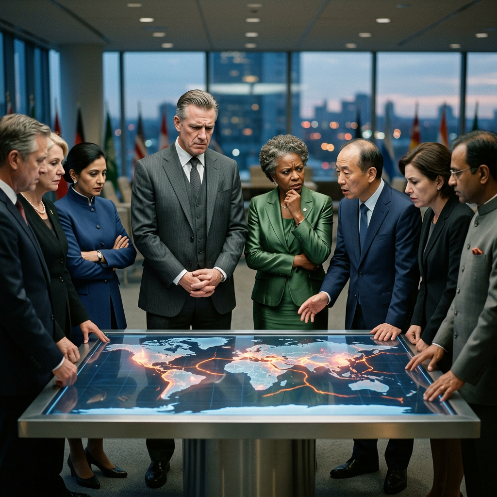 Group of business professionals discussing a digital world map with highlighted global connections