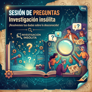 Open book with question marks, magnifying glass, telescope, camera, and people discussing with maps and ideas