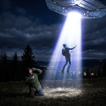 Person lifted into a UFO by a bright beam at night while another kneels and reacts