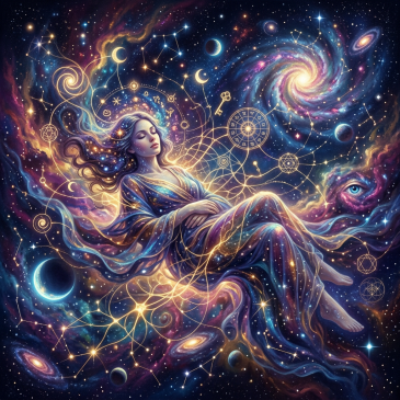Woman floating peacefully in space surrounded by stars, planets, and zodiac symbols