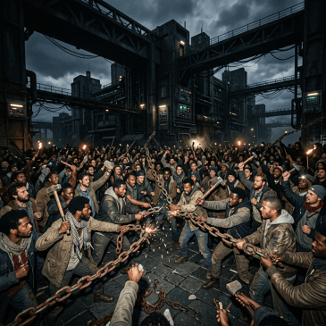 Large diverse group breaking rusty chains with tools and torches in industrial area