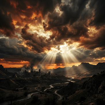 Ruined city with smoke and dark clouds illuminated by sunset rays