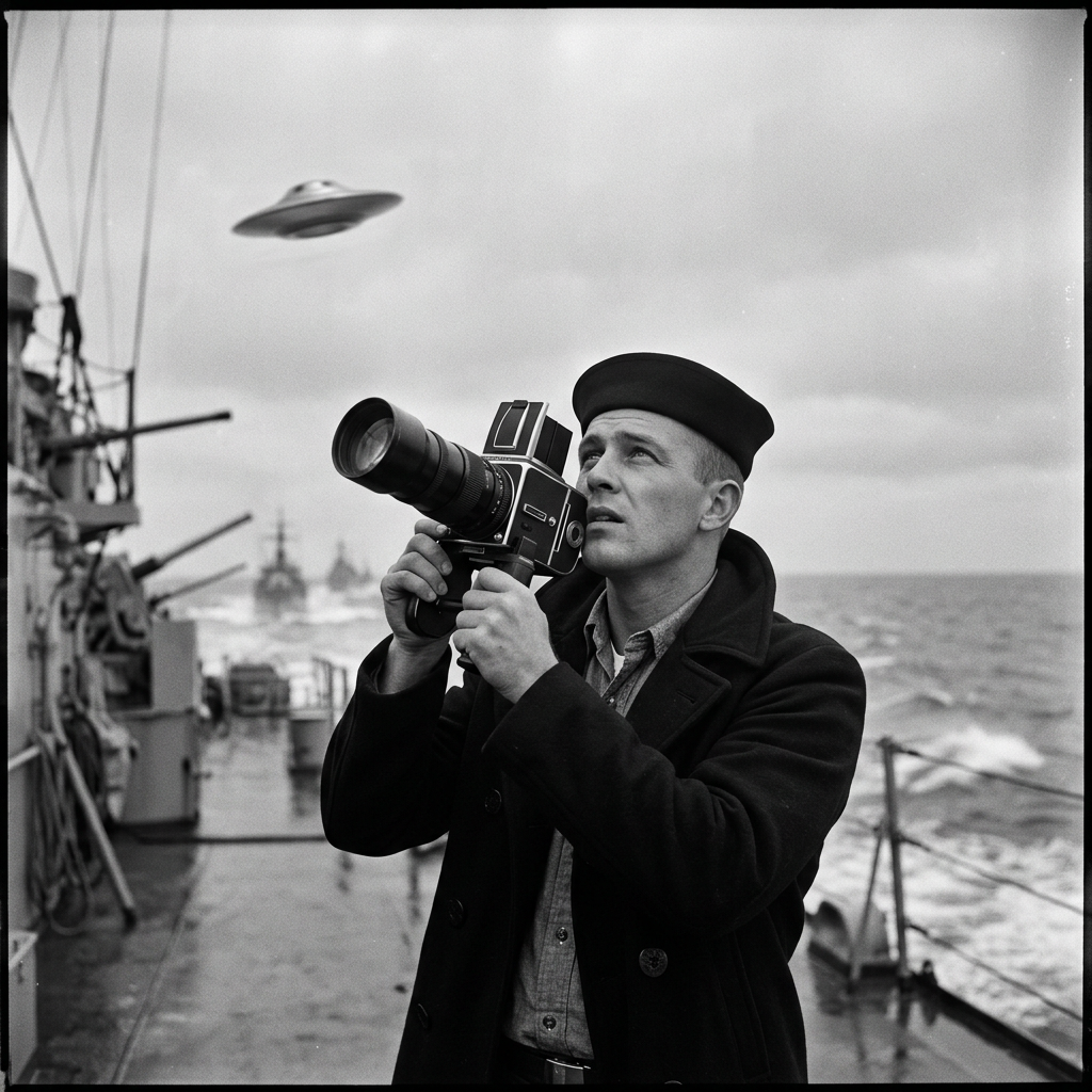 Sailor on naval ship filming flying saucer-shaped object with a vintage camera