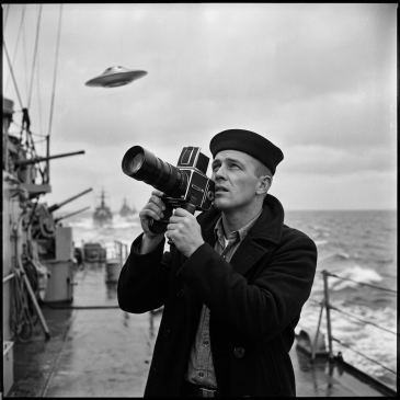 Sailor on naval ship filming flying saucer-shaped object with a vintage camera