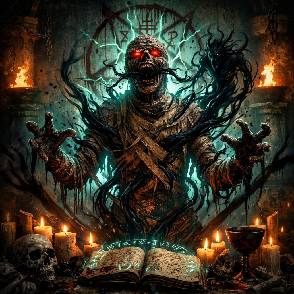 A mummy with glowing red eyes rising from flames surrounded by candles, a skull, an open ritual book, and a pentagram on the wall