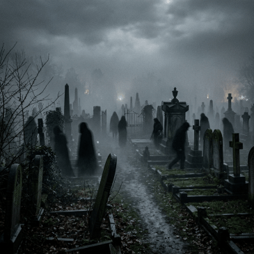 Foggy cemetery with gravestones and dark, blurry figures moving among them