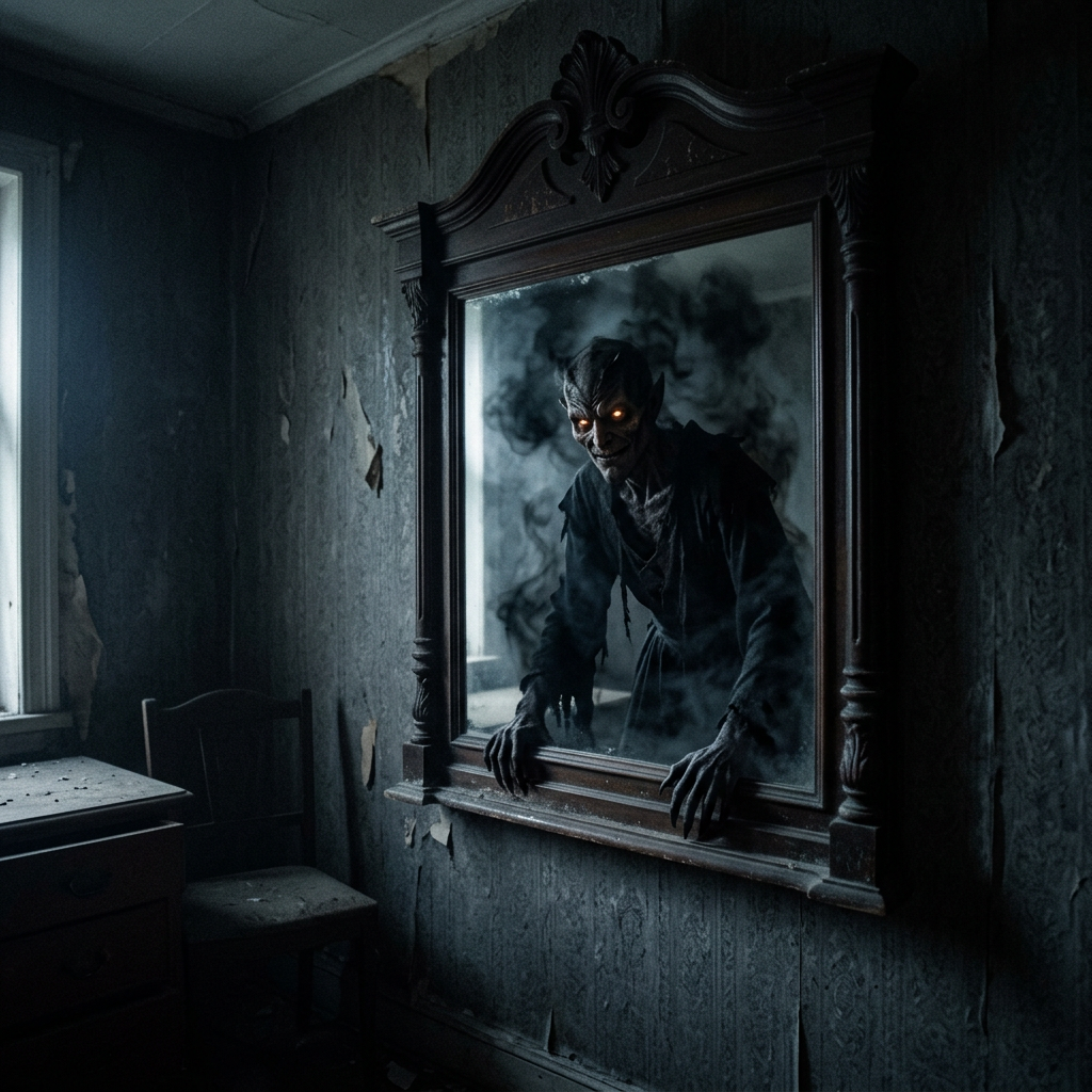 Demon with glowing eyes leaning out of an antique mirror in a dark, decrepit room