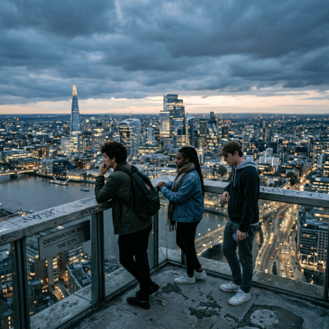 Three individuals standing on an observation deck overlooking a cityscape at dusk with illuminated buildings and a river