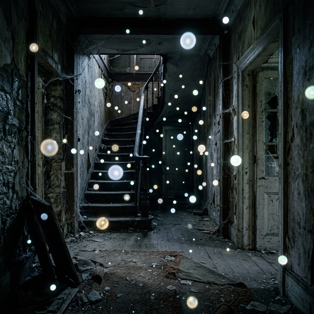 Dimly lit abandoned hallway with floating glowing orbs and old staircase