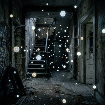 Dimly lit abandoned hallway with floating glowing orbs and old staircase