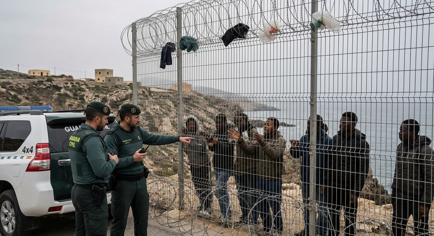 Border officers speaking with migrants behind a metal fence topped with barbed wire near the sea