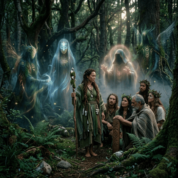 People in green robes conducting a forest ritual with glowing mystical spirits