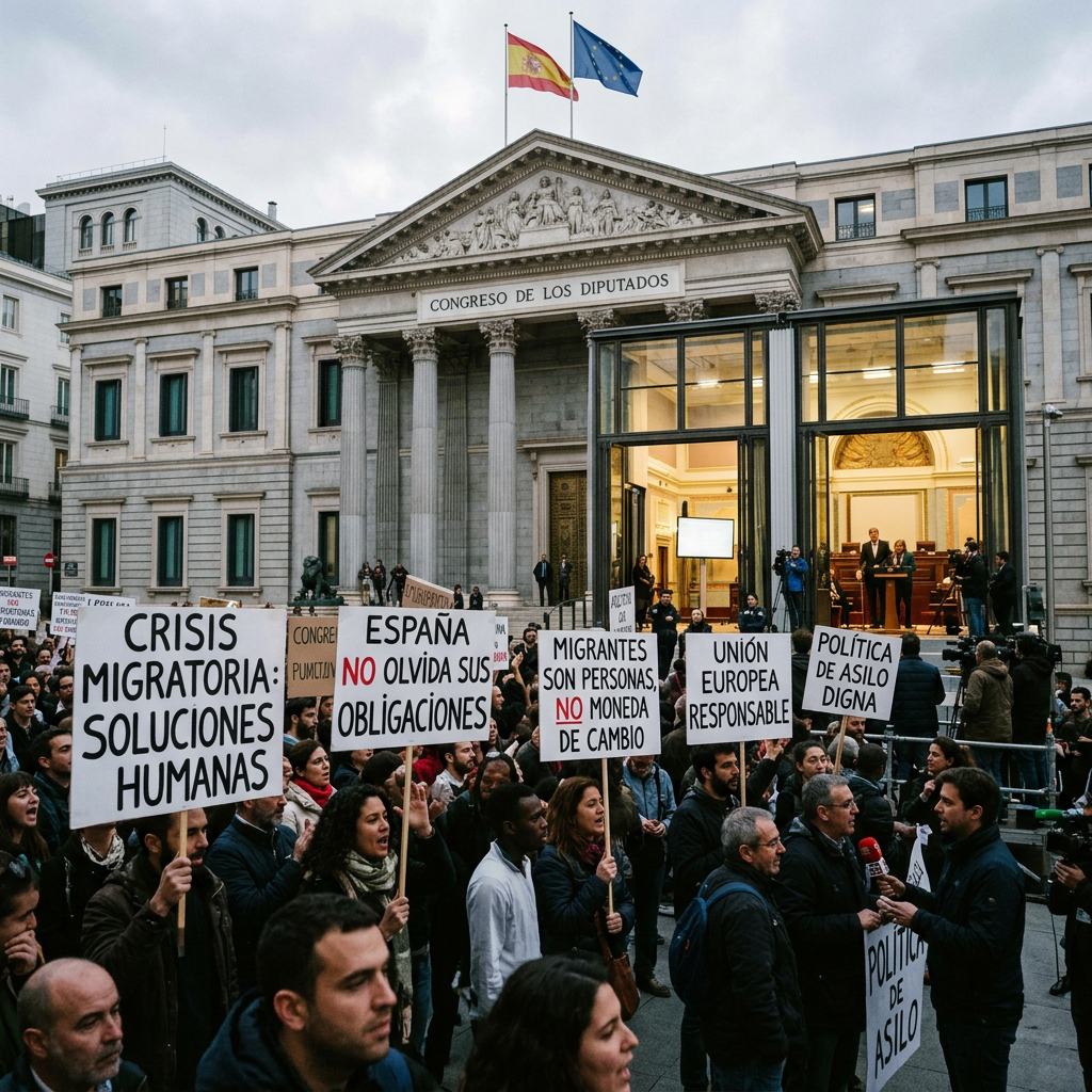 Crowd holding signs protesting for humane migration solutions and asylum policies outside Spanish Congress