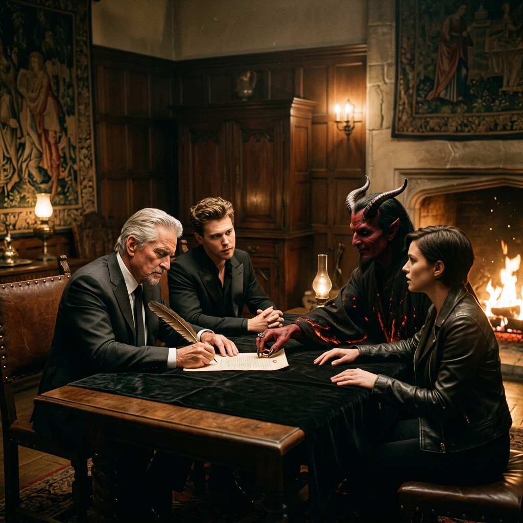 Four people including a horned demon signing a document at a wooden table in an old room with a fireplace