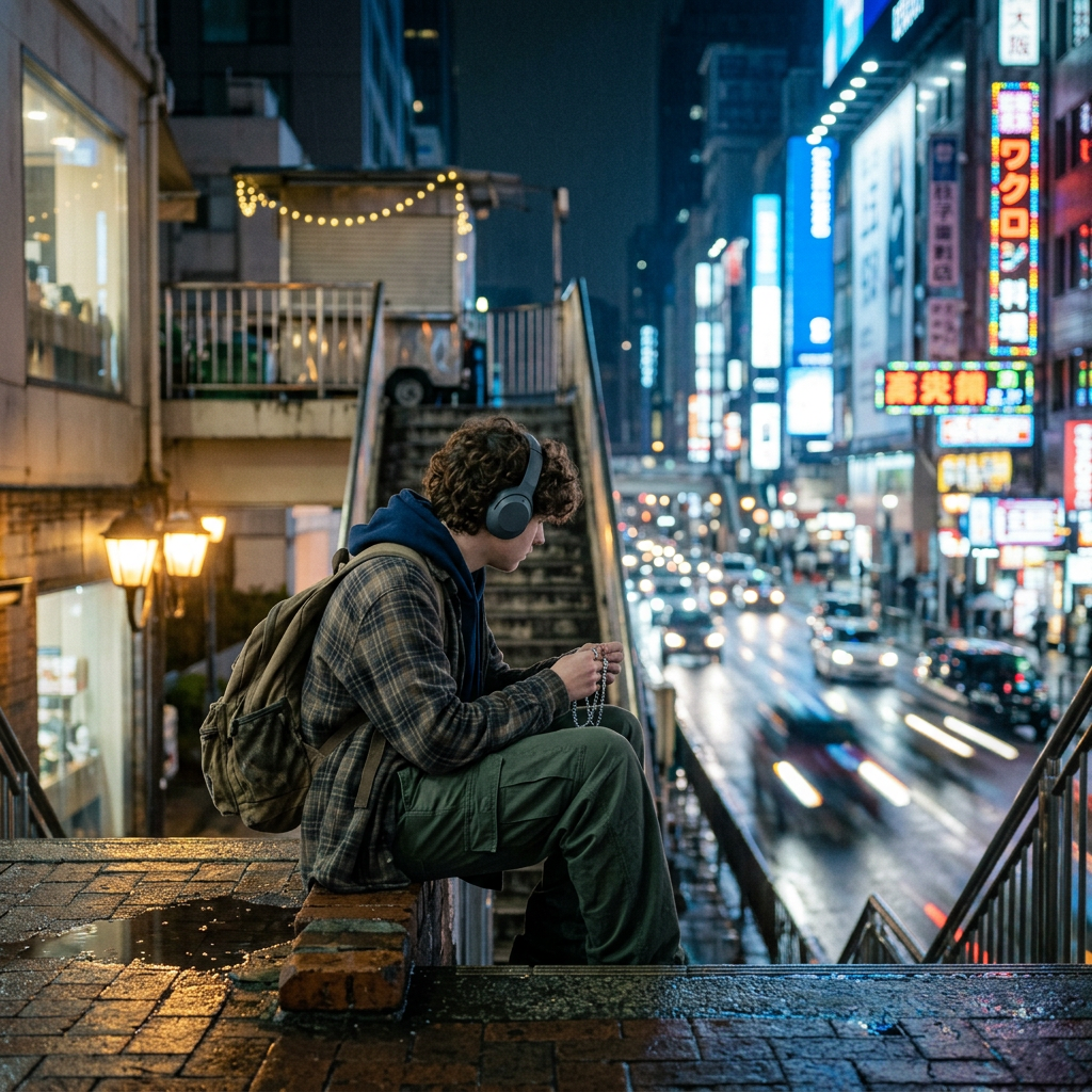 Young man with headphones sitting on a stairway ledge beside a busy urban street lit by neon signs at night