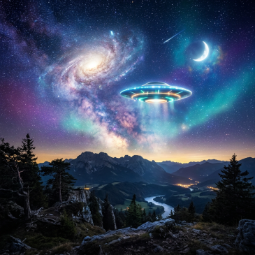 Glowing UFO hovering above a mountain valley with starry night sky and galaxy