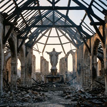 Statue of Jesus inside burned and ruined stone church with roof destroyed