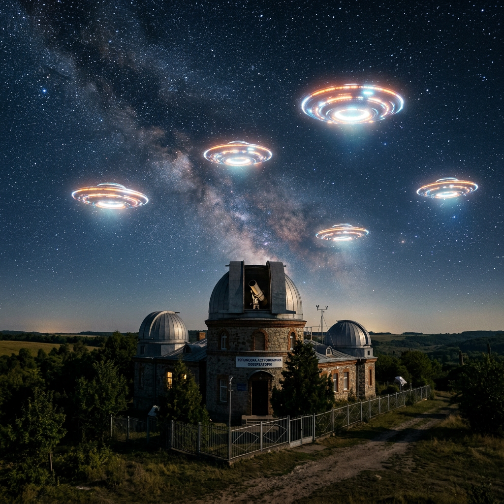 Observatory building with domes under a starry sky and five glowing UFOs above
