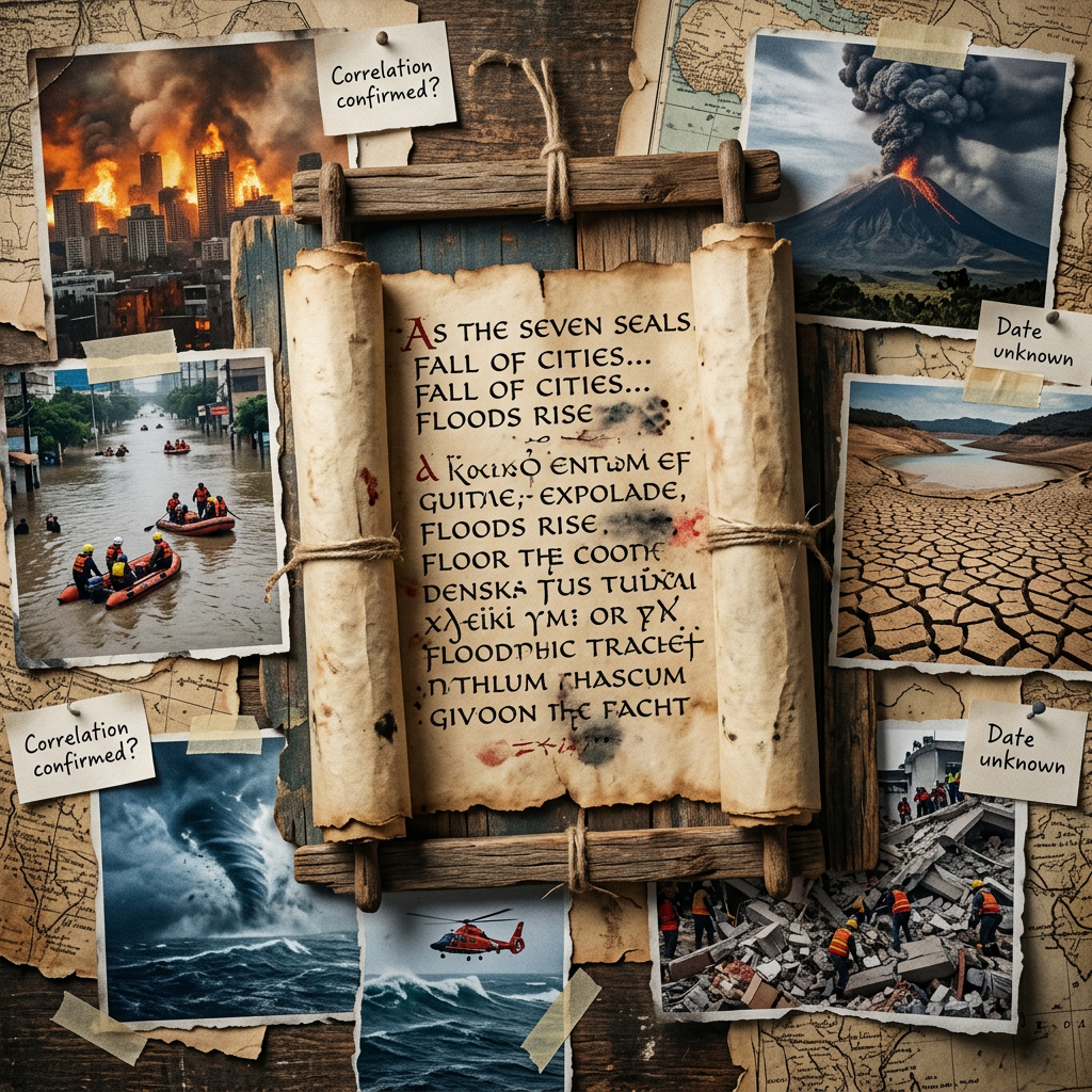 Scroll with prophecy text surrounded by photos of fires, floods, volcanic eruption, drought, tsunami, rescue helicopter, and earthquake rescue