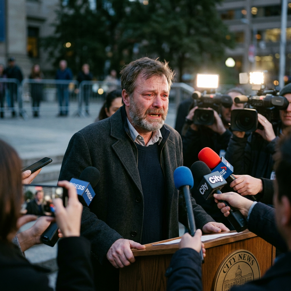 Tearful man speaking at a city news podium surrounded by microphones and cameras.