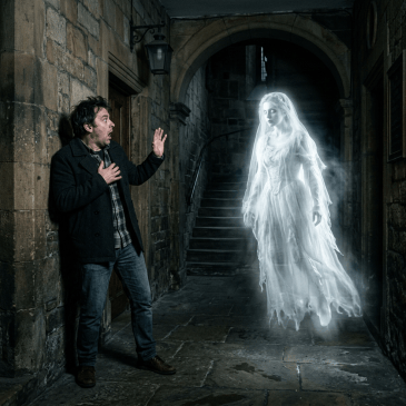 Man startled by a glowing ghostly woman in a white dress