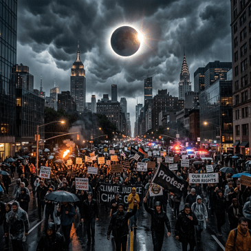 Large crowd protesting for climate justice under dark sky with solar eclipse