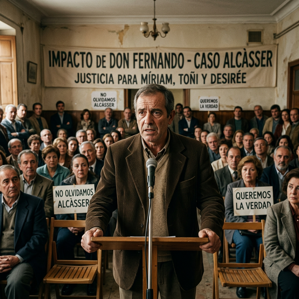 Man speaking at a podium in front of a group demanding justice for Alcàsser victims
