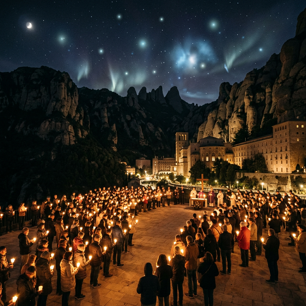 Crowd holding candles in vigil at monastery courtyard during night