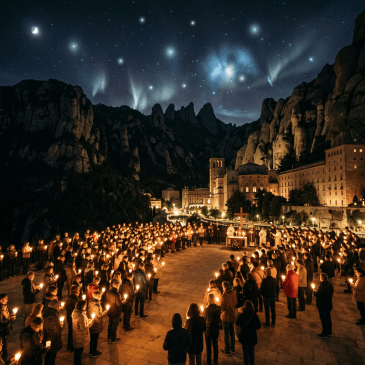 Crowd holding candles in vigil at monastery courtyard during night