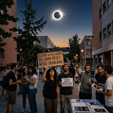 Crowd viewing solar eclipse; signs read “Evento de observación: Miradas alternativas,” “Eclipse del 12 de agosto: el gran reset, no es casualidad,” and “Ciencia o control? Abre los ojos.”