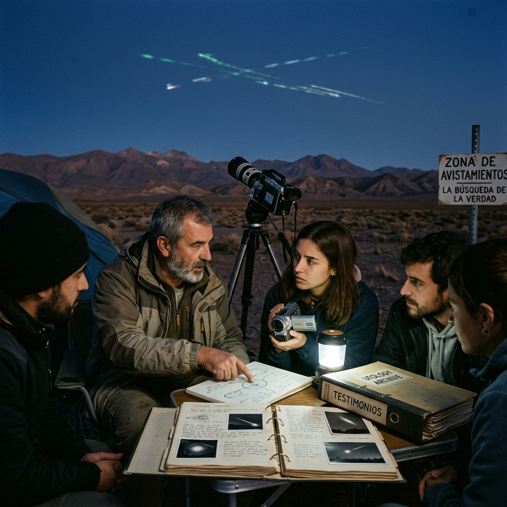 Group investigating sky sightings beside a sign reading “ZONA DE AVISTAMIENTOS LA BÚSQUEDA DE LA VERDAD”