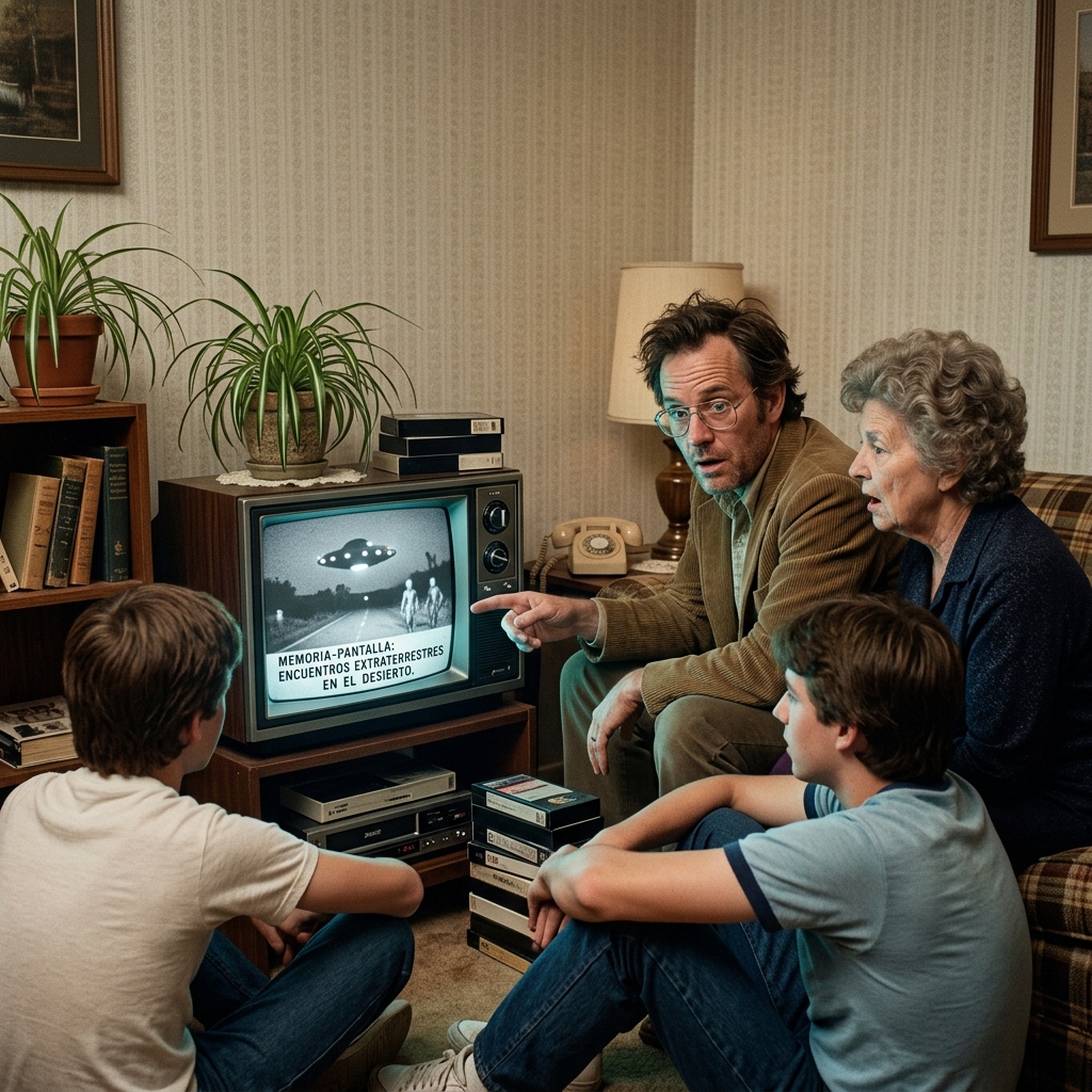 Family watching television reading “Memoria-pantalla: encuentros extraterrestres en el desierto”