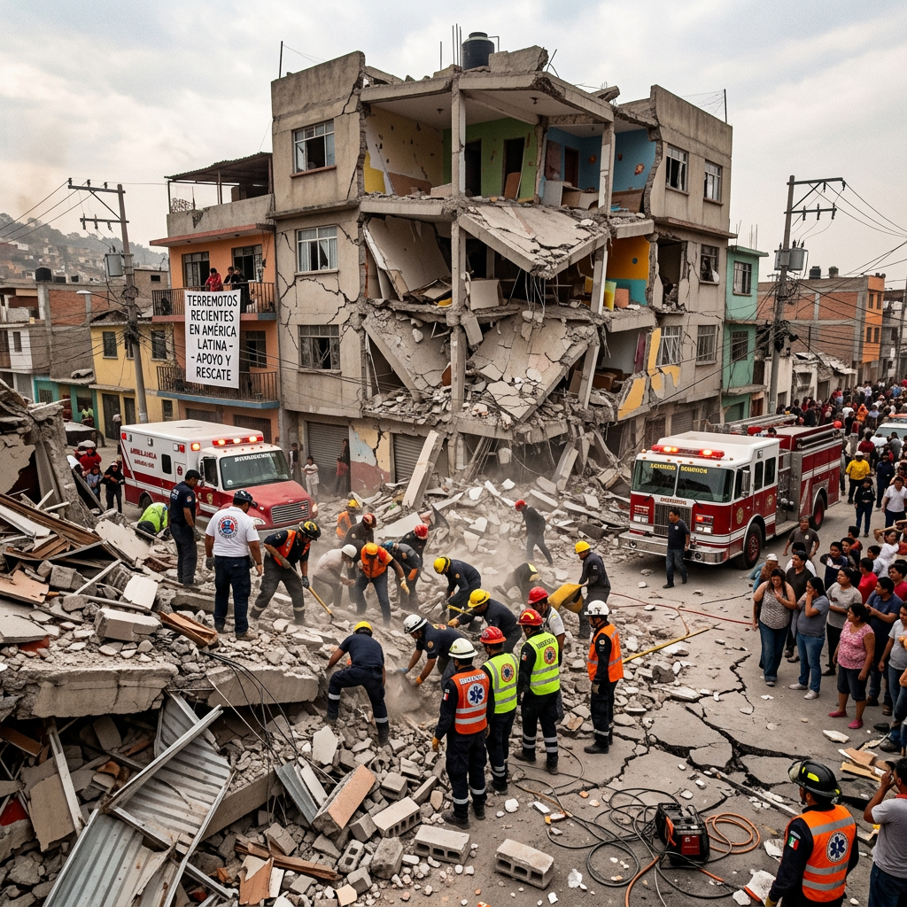Rescue crews at earthquake rubble; sign reads “Terremotos recientes en América Latina - apoyo y rescate.”
