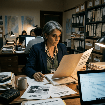 Press researcher reviewing documents labeled confidential ecclesiastical investigation and ecclesiastical report