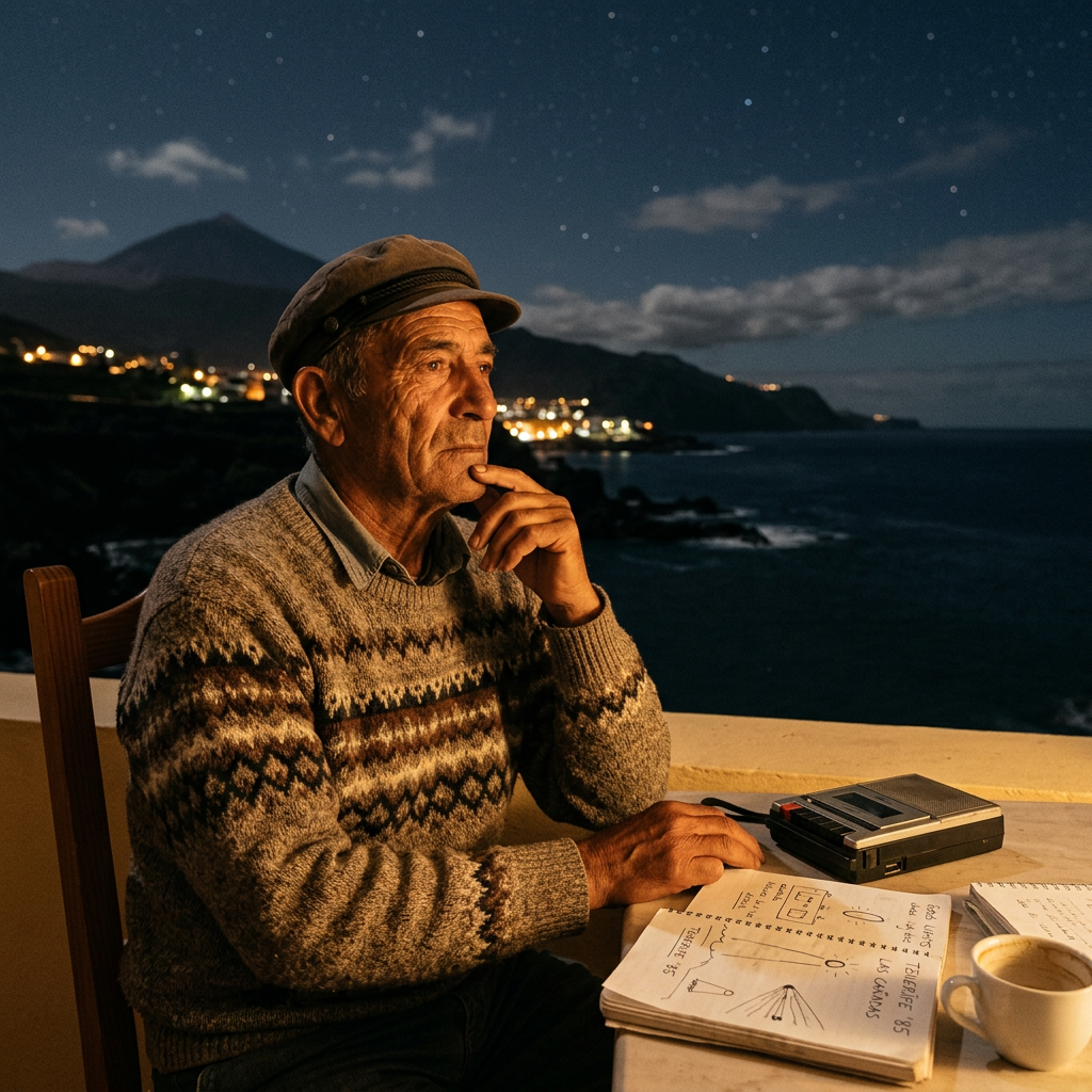 Older man writing notes beside a coastal view at night