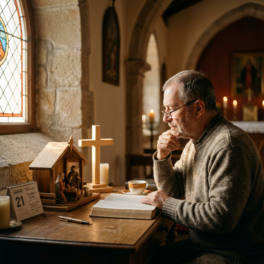 Man praying beside an open Bible, cross, nativity scene, and calendar marked AGOSTO 21