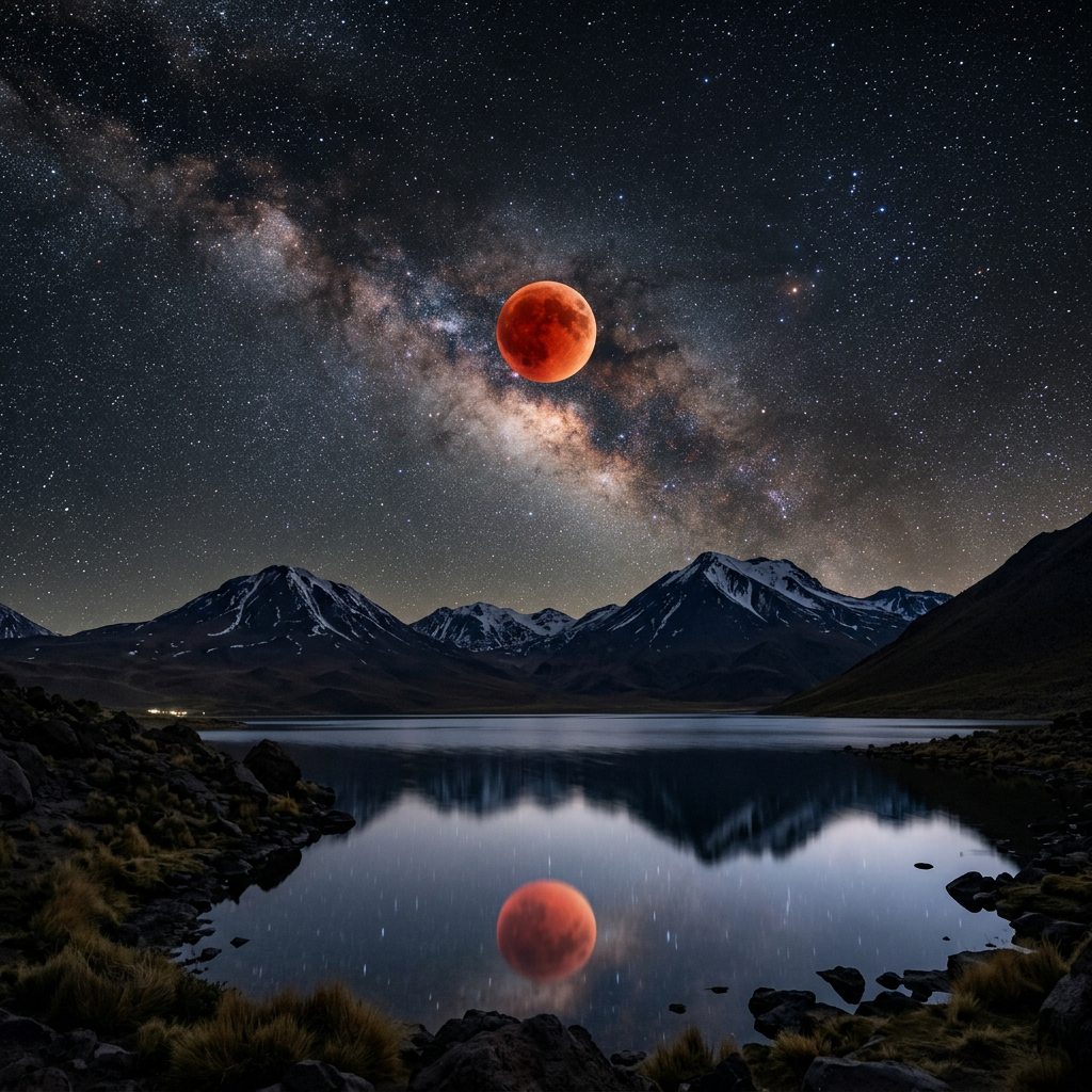 Red moon and reflection above a mountain lake under the Milky Way