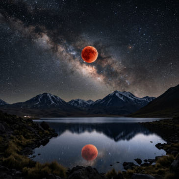 Red moon and reflection above a mountain lake under the Milky Way