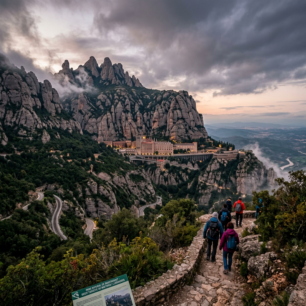 Hikers on a rocky trail overlooking Montserrat Monastery and jagged mountains