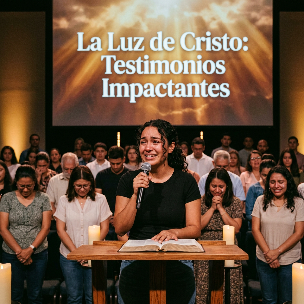 Woman speaking into microphone before congregation with Spanish text behind her