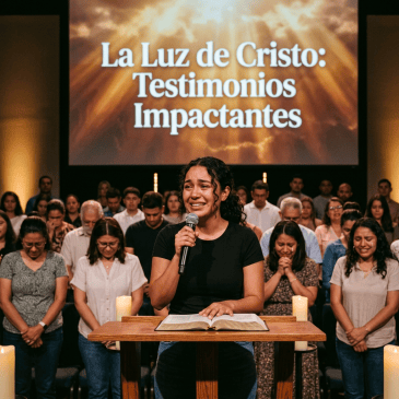 Woman speaking into microphone before congregation with Spanish text behind her